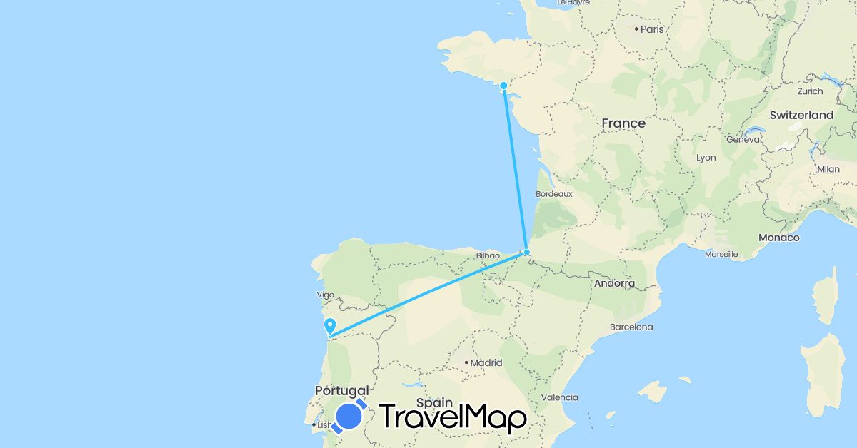 TravelMap itinerary: driving, boat in France, Portugal (Europe)